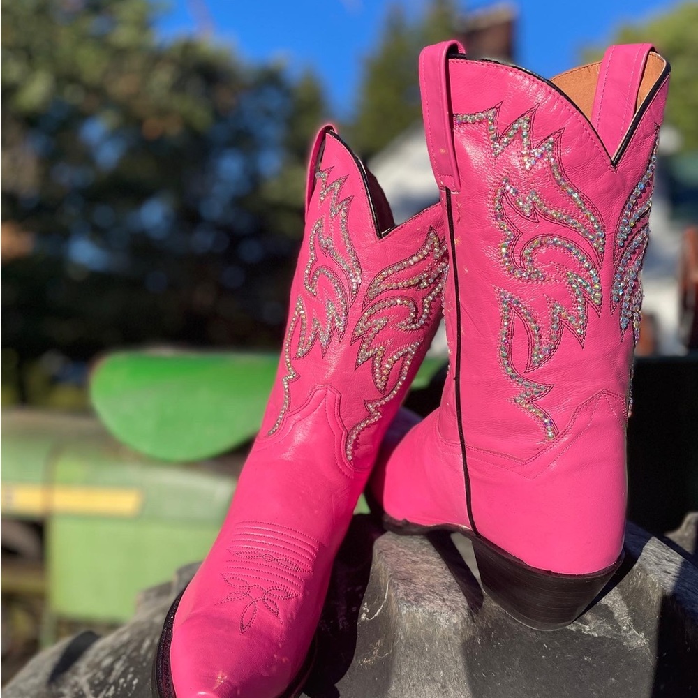 Bedazzled by me - Dan Post Hot Pink Cowboy Boots custom sparkly never worn